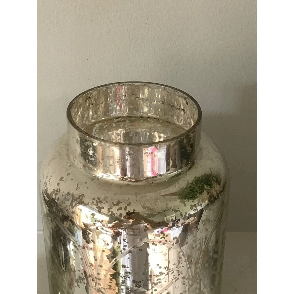 Vintage Mercury Glass Apothecary Jar Etched Silver Canister Metal Flower Lid 11